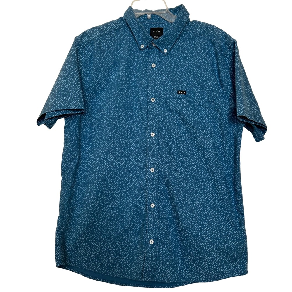 RVCA Men's‎ XL Slim Fit Button-Up Shirt Blue Dot Pattern Cotton Blend